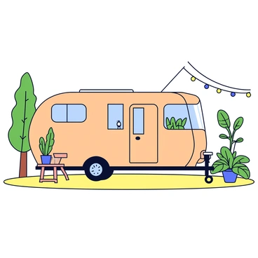 A modern tiny home on wheels with a sleek design and large windows. The home is painted in a warm, neutral color. It is parked on a soft, grassy area surrounded by tall trees and various green plants. Next to the tiny home is a small wooden patio with a few potted plants. String lights are draped above the patio, creating a cozy atmosphere.