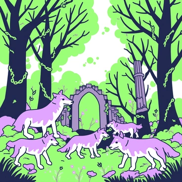 A mystical medieval forest filled with tall, dense trees whose branches interlace above. Sunlight filters through the leaves, creating a dappled effect on the forest floor. Among the trees, there are ancient stone ruins, covered in green moss and tangled vines. The ruins feature crumbling arches and weathered columns, hinting at a long-lost civilization. In the foreground, a pack of wolves is emerging from the shadows, their fur blending with the surrounding elements. The wolves are alert and poised, some looking towards the ruins while others appear to be communicating with each other. Small ferns and wildflowers dot the ground, adding to the forest's enchanting atmosphere.