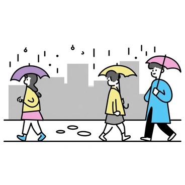 A gray, overcast sky fills the scene, indicating a rainy January day. Several people are walking along a wet city street, each holding colorful umbrellas. A man in a blue coat with a red umbrella walks past a woman wearing a yellow raincoat, holding a matching umbrella. Puddles reflect the bright colors of the umbrellas as they navigate the slick pavement. In the background, tall buildings loom, partially obscured by the misty rain.