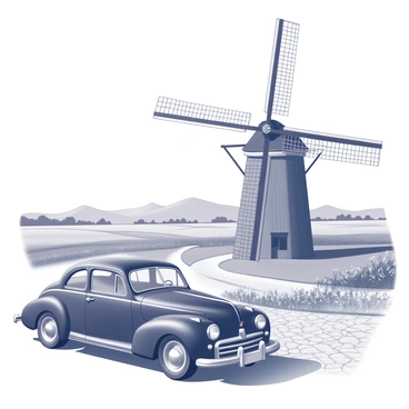 A vintage green car parked next to a windmill in a Dutch countryside setting