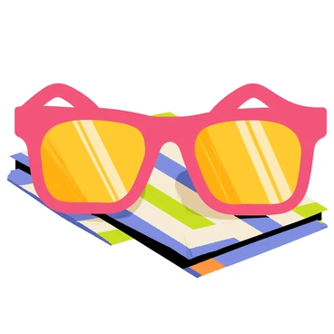 A pair of oversized sunglasses with vibrant red frames and yellow tinted lenses, capturing the essence of '70s style. The sunglasses rest on a textured cloth featuring a bold geometric pattern in shades of blue, green, and orange. Sunlight glints off the lenses, highlighting their large size and whimsical design. The cloth underneath has subtle folds, adding depth to the scene.