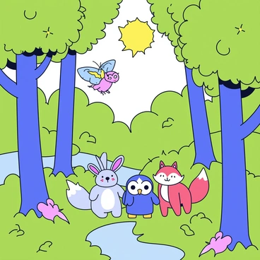 A dense forest filled with tall trees with lush green leaves. The ground is covered in soft, vibrant moss. A few cartoon animals are gathered together; a smiling rabbit with long ears, a wise owl with big round eyes, and a playful fox with a bushy tail. Above them, small fairies with colorful wings flutter around, leaving a trail of glittering sparkles. Sunlight filters through the tree canopy, casting dappled light across the scene. In the background, a small stream meanders between the trees.