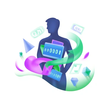 A silhouette of a person stands against a plain background. The silhouette is filled with vibrant swirling patterns of digital data, incorporating a range of colors such as blue, green, and purple. The data appears in the form of binary code, geometric shapes, and abstract symbols flowing in a dynamic and energetic manner. The overall composition emphasizes the contrast between the solid silhouette and the fluid data within it.