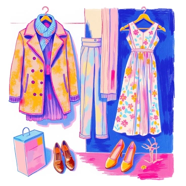 A collection of vintage-style illustrations features various heritage clothing items. The first illustration shows a classic tweed jacket with intricate patterns, accompanied by a woolen scarf draped over a wooden hanger. The second illustration depicts a pair of high-waisted trousers with pleats, displayed neatly next to a pair of brown leather shoes. The third illustration showcases a flowing A-line dress adorned with floral prints, hanging against a rustic backdrop. Each illustration incorporates details that highlight the texture and design of the fabrics, emphasizing the timeless elegance of the clothing.