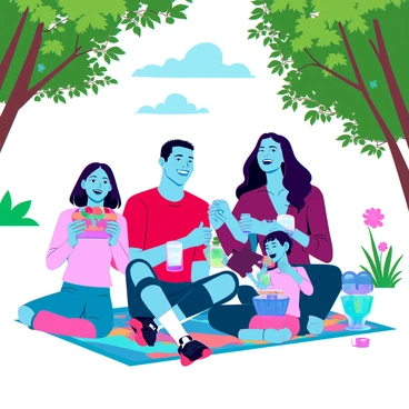 A young man with distinctive features resembling "Ronaldo," including short dark hair and a confident smile, is sitting on a vibrant picnic blanket in a park. He is surrounded by his family, consisting of two children and a woman, all sharing laughter and joy. The children are playfully animated, one holding a sandwich while the other is reaching for a colorful fruit basket. The woman, who has long hair and a warm expression, is pouring drinks into cups. Lush green trees and colorful flowers frame the scene, creating a lively atmosphere. A clear blue sky is visible above, enhancing the cheerful setting.