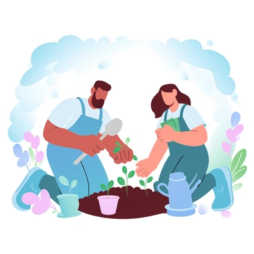 A tutor is kneeling beside a student in a vibrant garden filled with various colorful flowers and green plants. The tutor is wearing a gardening apron and holding a small shovel, demonstrating how to plant seeds in a small patch of soil. The student is attentively watching while holding a packet of seeds in one hand. Sunlight filters through the leaves of nearby trees, creating a warm atmosphere. Several small pots filled with seedlings are scattered nearby, and a watering can is positioned close to the tutor.