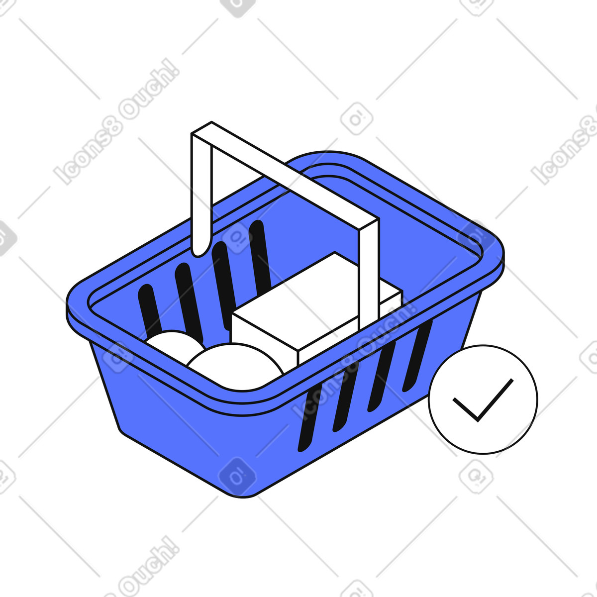 下载 Main 风格的 Shopping basket with groceries and checkmark confirming successful purchase 插画，支持 PNG、SVG 格式
