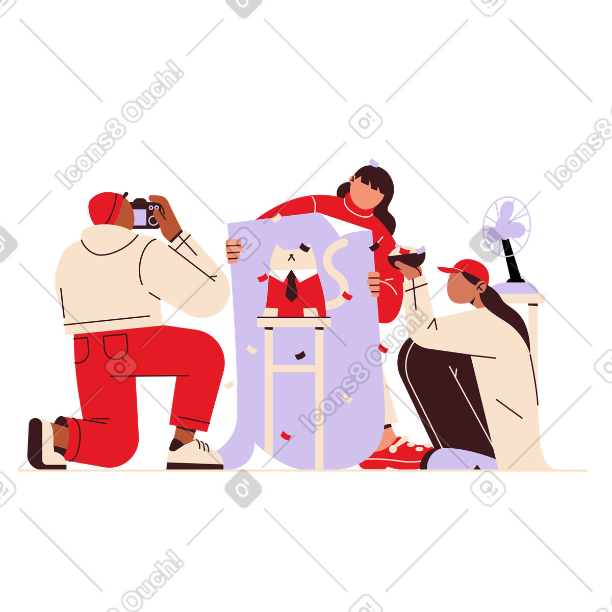 Creative team photographing cat in costume, Studio shooting or content creation illustrazione stile Folks scarica PNG, SVG