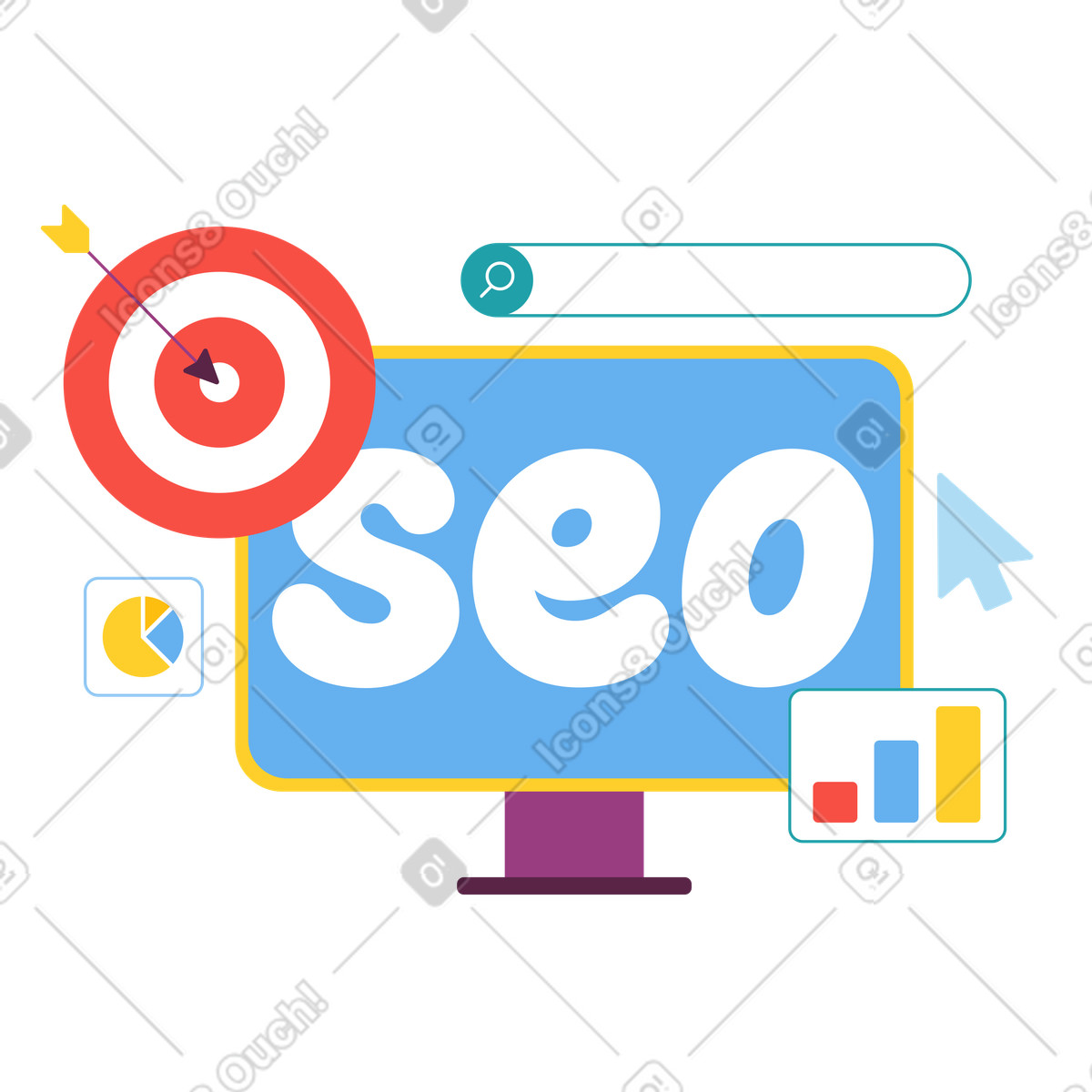 SEO monitor with analytics and search bar, Data driven for businesses illustration in Sammy style download in PNG, SVG