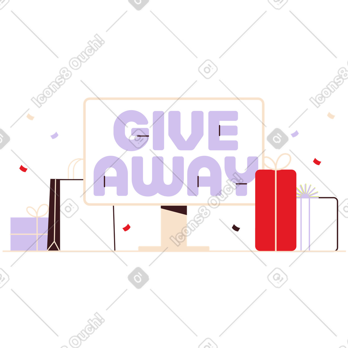 Monitor displaying giveaway message with gift boxes, Social media contest announcement illustration in Folks style download in PNG, SVG