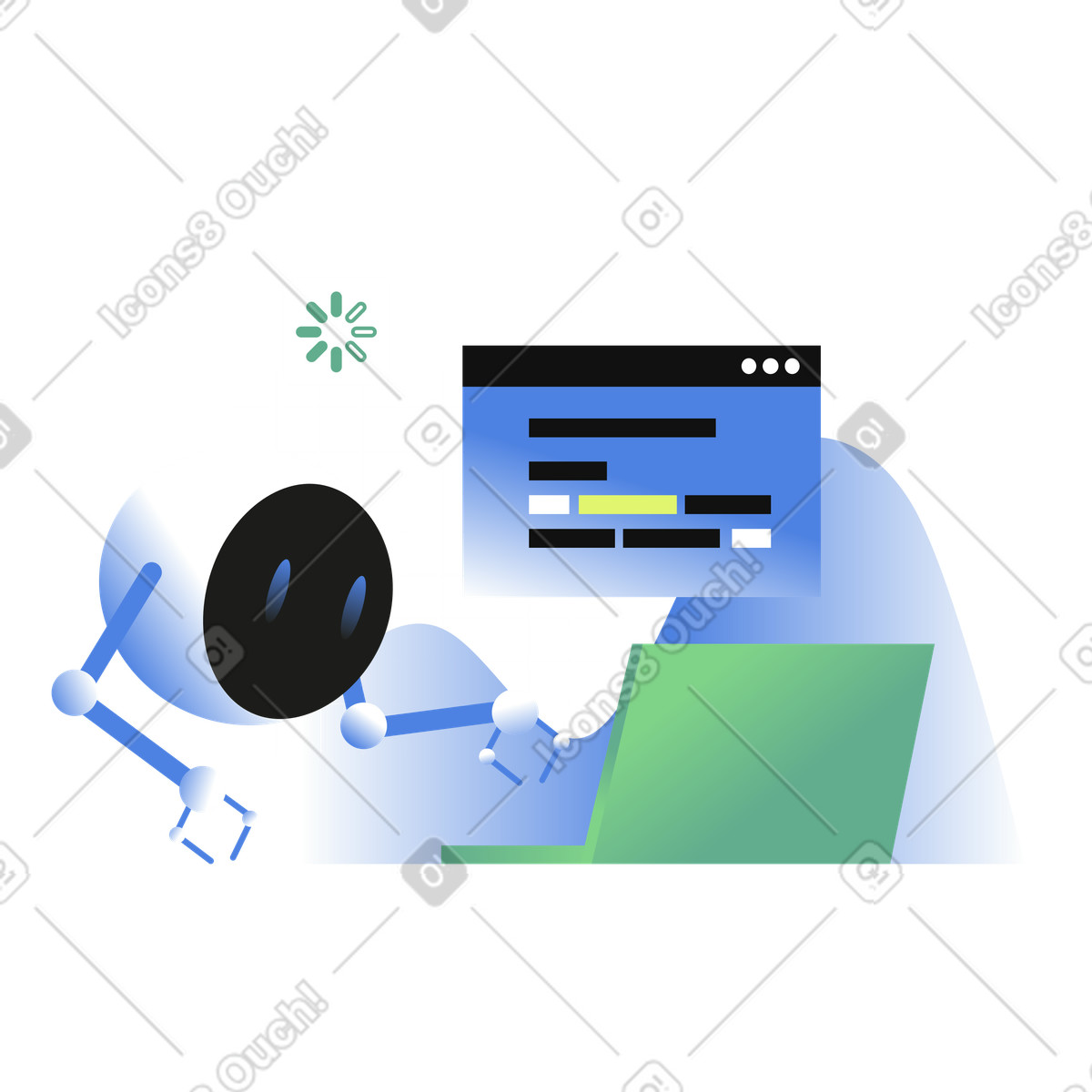 Robot assistant working on laptop animated illustration in GIF, Lottie (JSON), AE