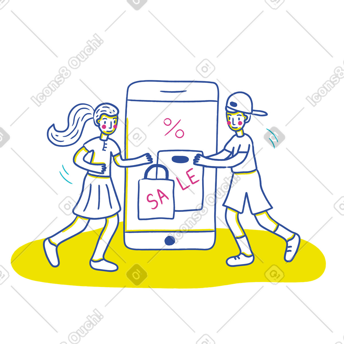 Mann und frau kaufen online im verkauf ein-Illustration Lime-Stil als Download in PNG, SVG