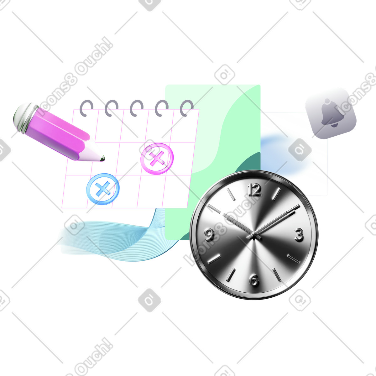 Иллюстрация Time management with calendar and clock в стиле Chromed — скачать в форматах PNG, SVG