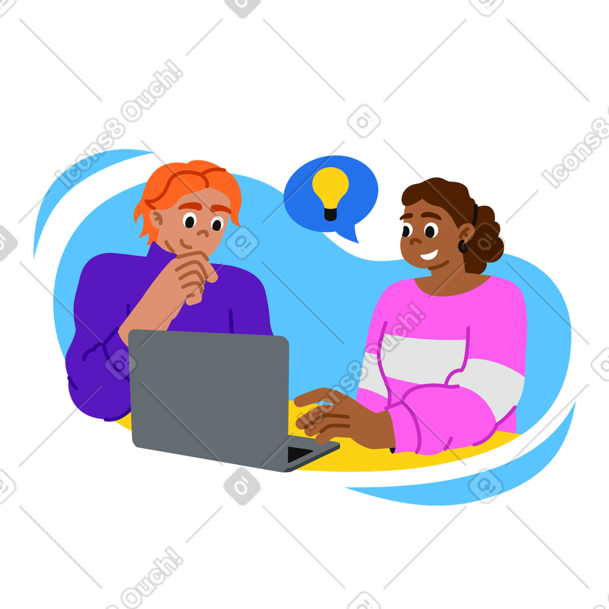 Mann und frau diskutieren über eine idee animierte Illustration im Active-Stil als Download in GIF, Lottie (JSON), AE