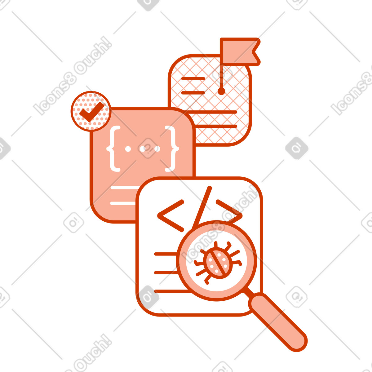 Bug visible in code under inspection, error detection and issue tracking illustration in PNG, SVG