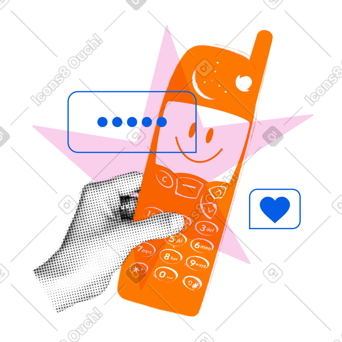 Texting, hand with retro phone illustration in Print style download in PNG, SVG