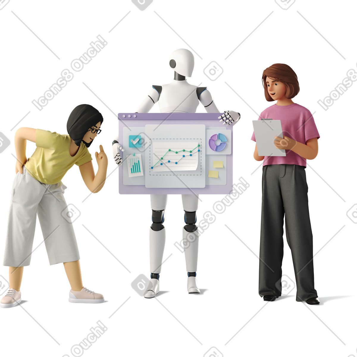 下载 3D Business 风格的 Robot presenting analytics dashboard to colleagues reviewing charts and reports 插画，支持 PNG、SVG 格式