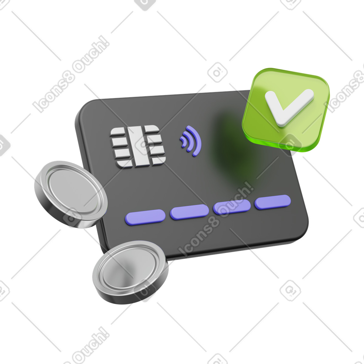 Bank card with check mark and coins, payment approved, secure transaction illustration in PNG, SVG