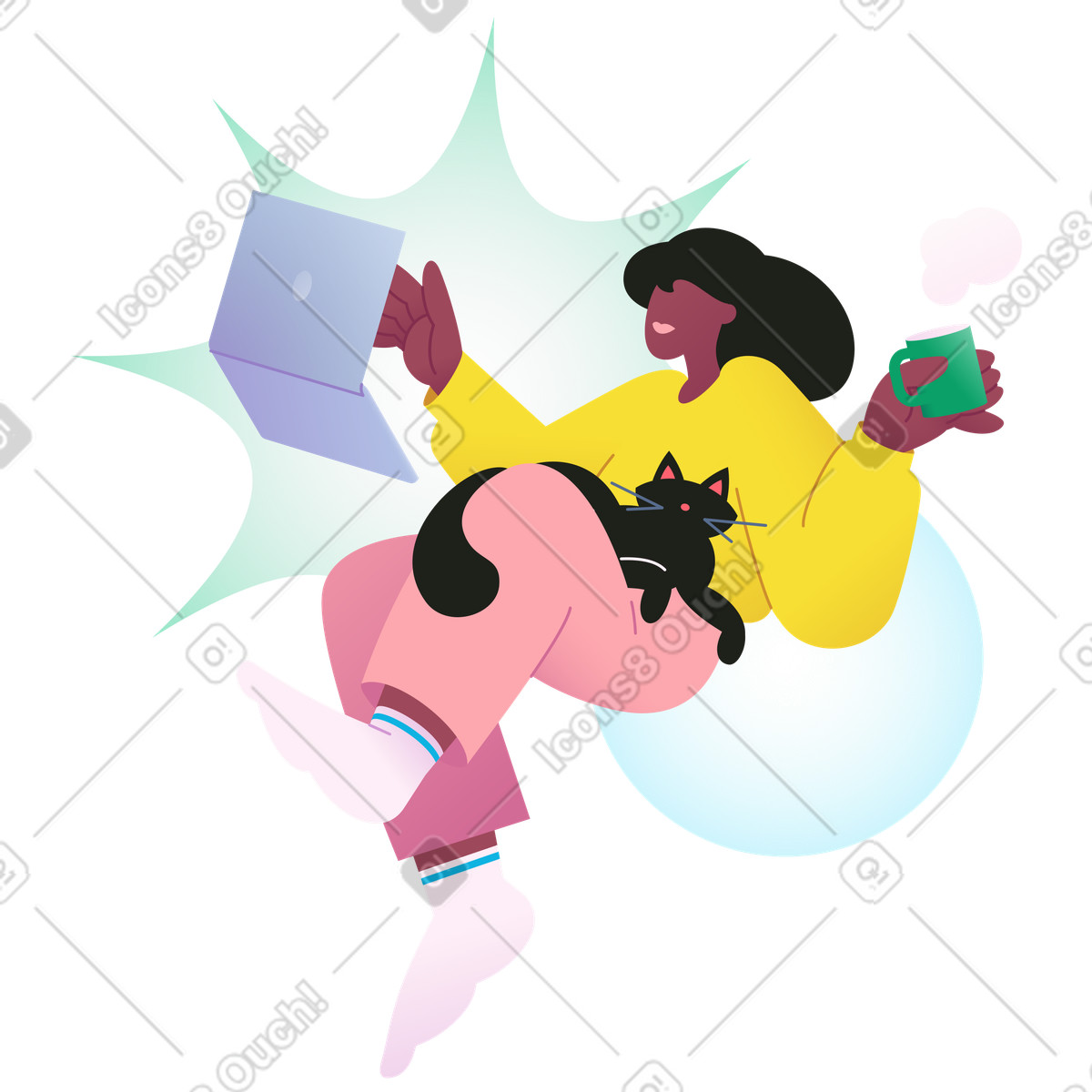 Relaxed professional with coffee and cat, remote work home office illustration in Colors style download in PNG, SVG