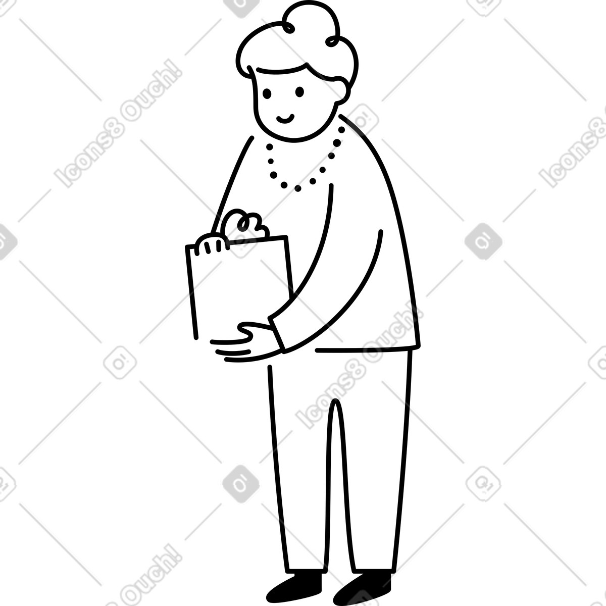 Ilustración Grandmother holding gift box with ribbon and wearing beaded necklace en estilo Notion Line Art a descargar en PNG y SVG
