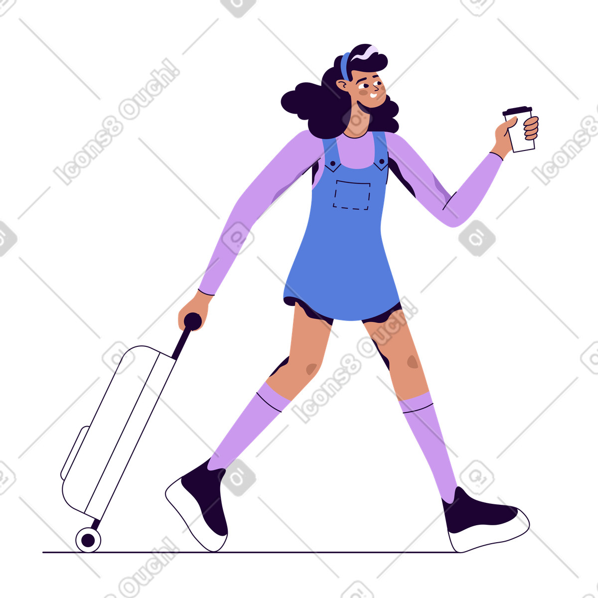 下载 Martina 风格的 拿着咖啡杯的女人拉着她的手提箱 插画，支持 PNG、SVG 格式