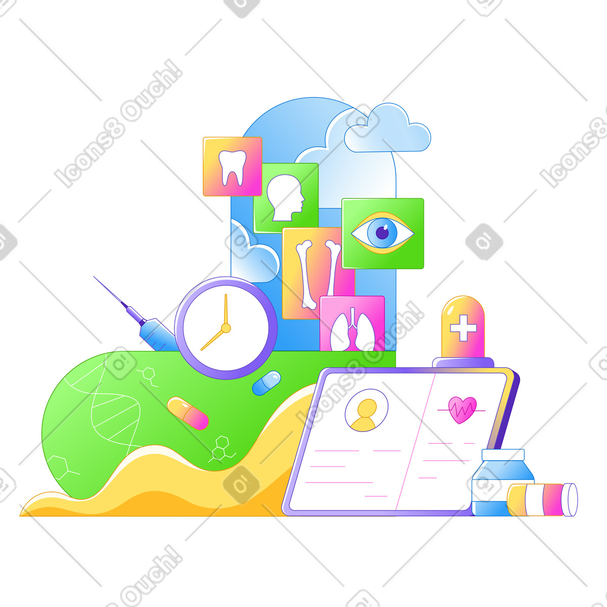 Medical specialties in healthcare, Multi-specialty care and modern medicine illustration Rainbow style download PNG, SVG