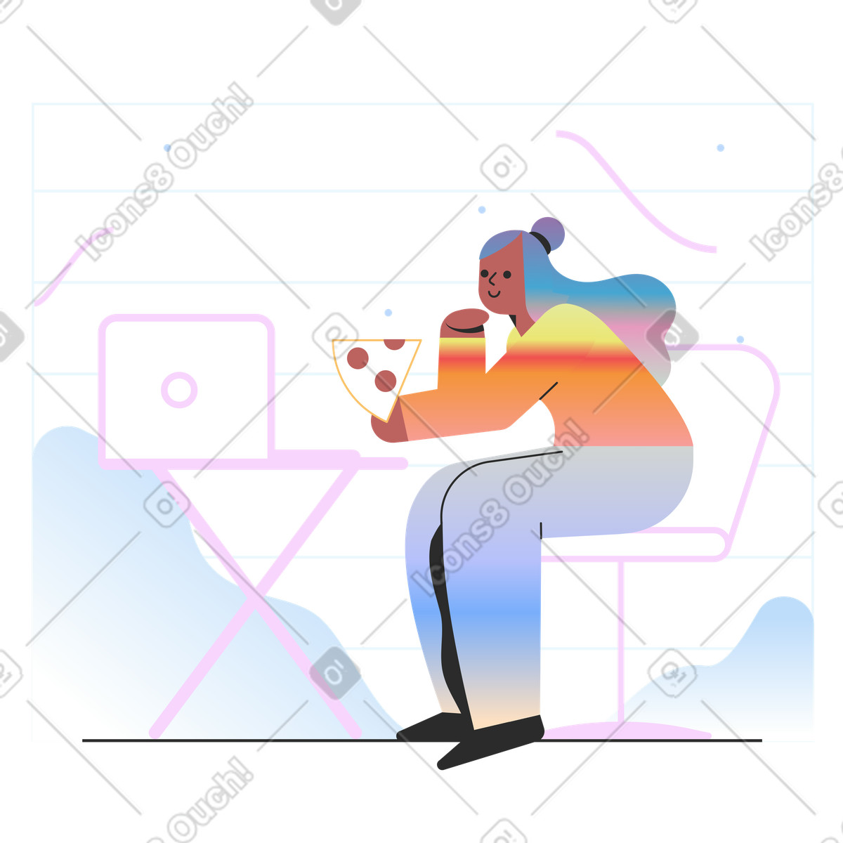 Ilustração de Remote worker enjoying lunch break at home, Work-life balance em no estilo Marginalia para baixar em PNG, SVG
