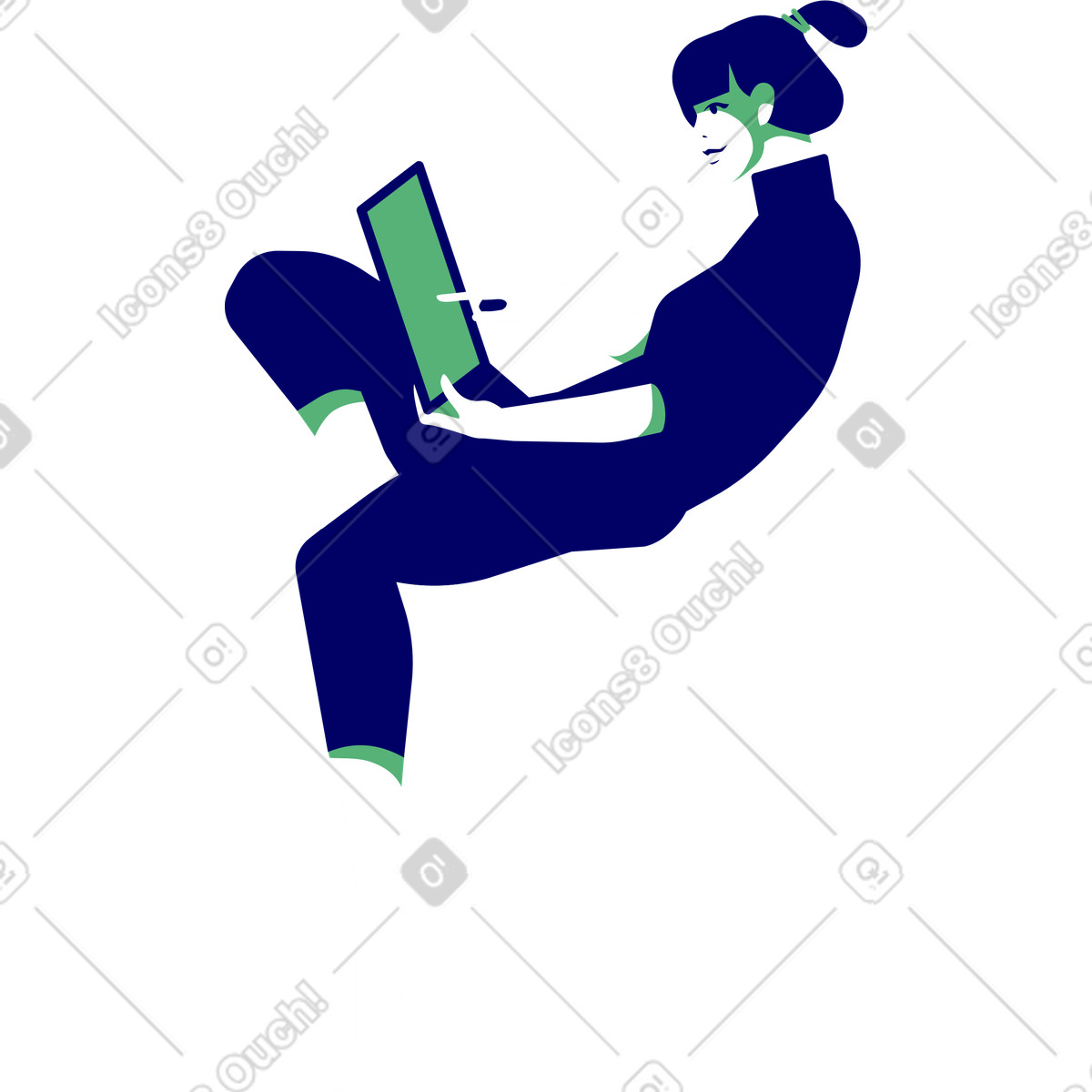 Woman sitting in relaxing pose with ipad illustration Lounge style download PNG, SVG