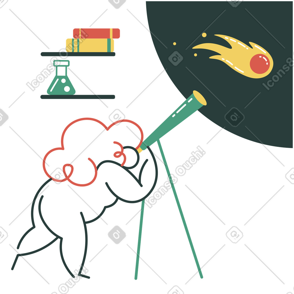 Ilustração de Mulher estudando o espaço, observando asteroide através telescópio em no estilo Macaroni para baixar em PNG, SVG