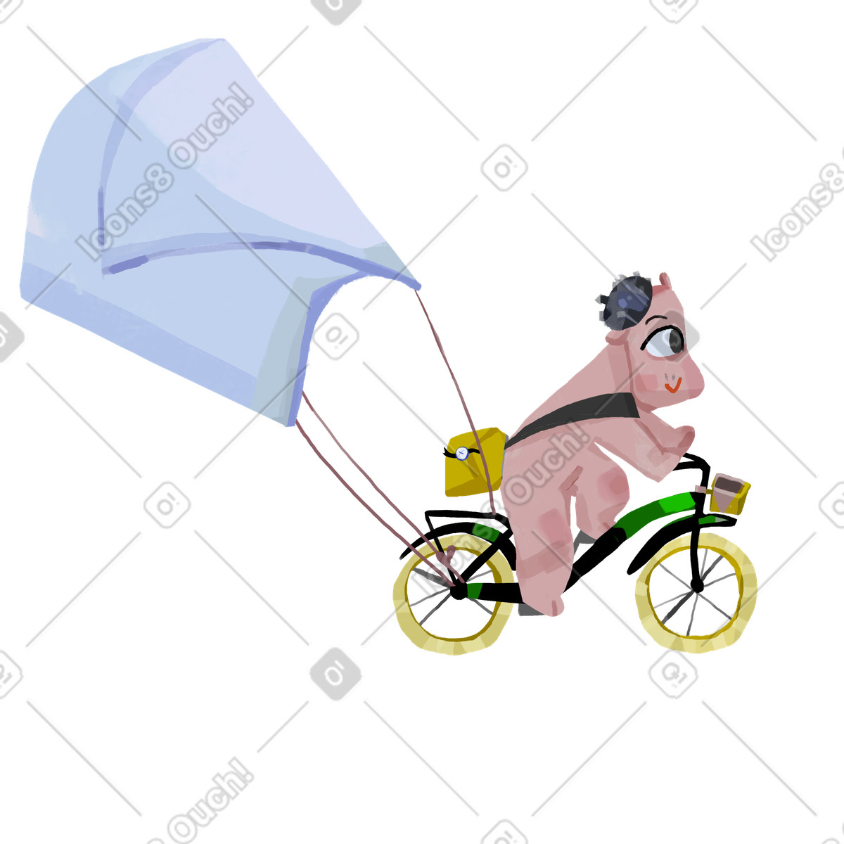 One eyed animal on bike with envelope shaped parachute, Whimsical mail delivery and postal service illustration in Atomic style download in PNG, SVG