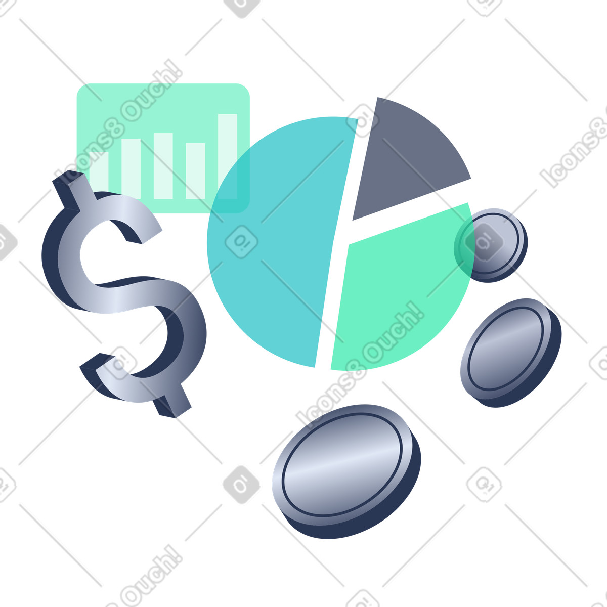 An&aacute;lisis financiero con infograf&iacute;as y monedas illustration in Lucent style download in PNG, SVG