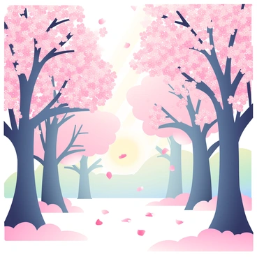 A lush forest filled with cherry blossom trees in full bloom is depicted. The trees are covered in delicate pink flowers, creating a stunning canopy overhead. Soft pink petals are gently falling from the branches, drifting through the air. The ground is blanketed with a layer of fallen petals, adding to the enchanting atmosphere. Sunlight filters through the branches, casting dappled shadows on the ground beneath.