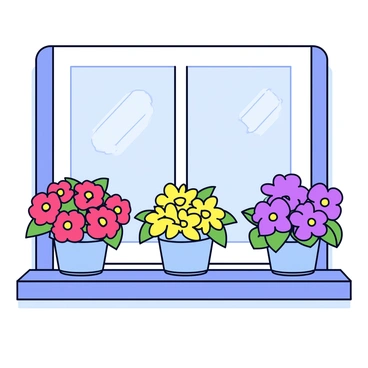 A rustic wooden window sill with a weathered texture. On the sill, there are three pots of vibrant blooming flowers. The first pot contains bright red geraniums, the second pot has sunny yellow daisies, and the third pot features rich purple petunias. Each pot has a simple, unadorned design, showcasing the flowers' colors. The sunlight gently streams in, illuminating the flowers and casting soft shadows on the window sill.
