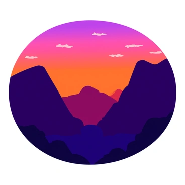 Tall mountains with rugged peaks are silhouetted against a vibrant sunset sky. The sky is filled with a gradient of deep oranges, purples, and pinks, creating a striking contrast with the dark outlines of the mountains. Wispy clouds catch the colors of the sunset, adding texture to the scene. The foreground features a valley with a subtle layer of mist rising, enhancing the depth of the landscape.
