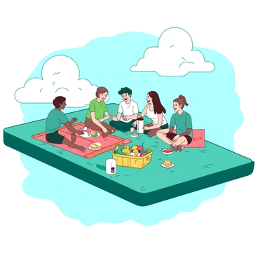 A teal floating platform is situated in the sky, surrounded by fluffy white clouds. On the platform, a group of people is sitting comfortably on colorful picnic blankets. They are enjoying a spread of food, including a large yellow picnic basket filled with fresh fruits and sandwiches. Some individuals are laughing and chatting while others are pouring drinks from a white thermos. The sun is shining brightly, casting soft shadows on the platform.