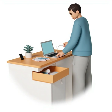 A person, wearing a comfortable blue sweater and gray sweatpants, is standing beside a wooden desk. They are unplugging a silver laptop from a power outlet, with one hand on the laptop and the other reaching to disconnect the charger. The desk has a few scattered papers and a small potted plant. On the desk, there is a black smartphone that the person is now picking up. They are turning towards a nearby wooden drawer, which is slightly open. The drawer contains a few other items like a notebook and some pens. The person places the phone gently into the drawer, preparing for the night. The soft glow of the laptop screen illuminates the scene slightly.