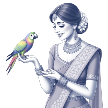 A modern Indian bride is wearing an elaborate wedding attire, adorned with intricate embroidery and decorative jewelry. Her hair is styled elegantly, and she has traditional makeup enhancing her features. A colorful parrot is perched on her hand, its feathers displaying vibrant patterns. The bride is gently interacting with the parrot, looking at it with a smile while offering it a small treat. The background features elements of a wedding setting, partially visible floral arrangements and decorative fabrics enhancing the scene.
