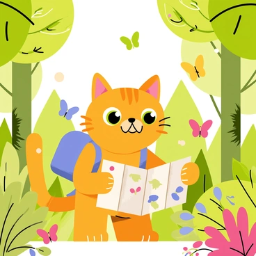 A cartoon cat with bright orange fur and big, expressive green eyes is wearing a small blue backpack. The cat is holding a colorful map in its paws, intently studying it. Around the cat, there is a lush forest filled with tall green trees and vibrant foliage. Numerous butterflies in various colors, including yellow, blue, and pink, are fluttering around the cat, adding a playful atmosphere to the scene. Sunlight filters through the leaves, casting dappled shadows on the forest floor.