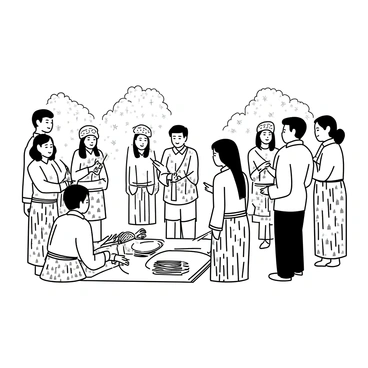 A gathering of individuals dressed in traditional kampung attire, including intricately patterned sarongs and ornate headgear. They are engaged in a ritual ceremony, with some participants holding ceremonial objects such as a gong and a traditional dagger. The setting includes a decorated space with woven mats and decorative elements representing cultural heritage. In the background, there are trees and traditional wooden structures, setting the scene for the rituals taking place. The expressions of the participants convey a sense of respect and reverence for the traditions being honored.