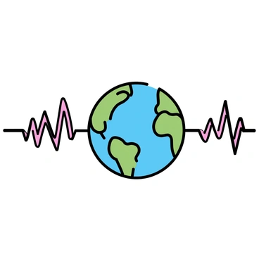 A simple illustration of the Earth, featuring a blue and green globe positioned at the center. Surrounding the globe, there is a continuous heartbeat pattern represented by smooth, wavy lines that pulse around the Earth. The lines alternate in red and white, emphasizing the rhythm of a heartbeat. The design focuses on the contrast between the natural elements of the globe and the geometric form of the heartbeat pattern, creating a balanced visual composition.