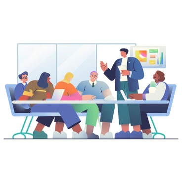 A confident team leader speaking to their team in a modern office