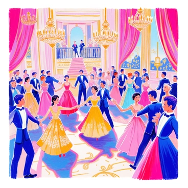 A pop-up scene depicts a royal ball filled with elegantly dressed guests dancing. The guests are wearing lavish gowns and tailored suits. Ladies in long, flowing dresses with intricate designs twirl gracefully, while gentlemen in tuxedos take their partners' hands. Chandeliers hang from the ceiling, casting a soft glow over the ballroom. The floor is decorated with an ornate pattern, and the walls are adorned with rich tapestries and gold accents. In the background, a grand staircase leads to an upper level, where more guests can be seen enjoying the festivities.