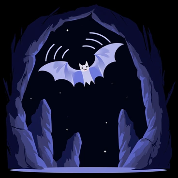 A bat with large wings is flying inside a dark cave. The bat is emitting bright blue sound waves that ripple outward in circular patterns. These sound waves bounce off various cave formations, such as jagged rocks and stalactites. The cave walls are textured with rough surfaces, and there are small glimmers of light reflecting off the damp stones. The overall atmosphere is filled with shadows and echoes, emphasizing the bat's use of echolocation to navigate through the cave.