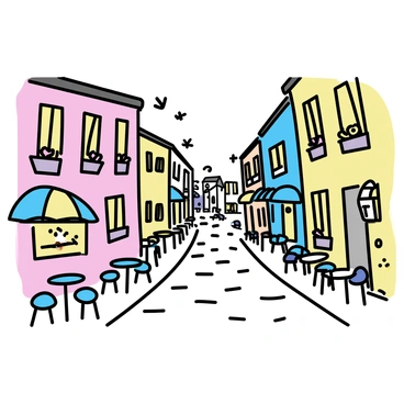 A quaint cobblestone street meanders through the scene, flanked by charming old houses with vibrant facades and intricate architectural details. Each house features small, window boxes filled with colorful flowers. Along the street, there are several cafes with outdoor seating, featuring small round tables and colorful umbrellas. A warm glow emanates from the windows of the houses, suggesting a cozy ambiance. The cobblestones are uneven, adding character to the pathway, while a few scattered leaves hint at the seasonal change.