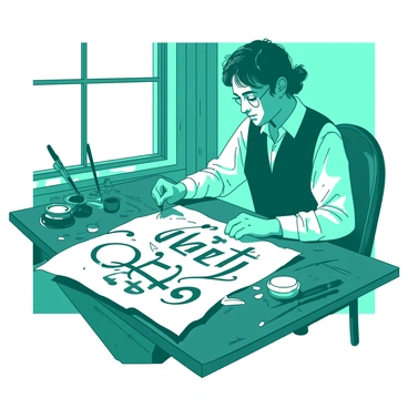 A teal calligrapher is seated at an ornate wooden desk, intently focused on crafting elegant letters on a large piece of aged parchment. The calligrapher's right hand holds a delicate brush dipped in dark ink, while the left hand gently steadies the parchment. Surrounding the desk are scattered ink pots and various brushes of different sizes. Soft light filters from a nearby window, casting gentle shadows across the workspace. The intricate letters appear in flowing, artistic styles, adding to the ambiance of concentration and creativity.