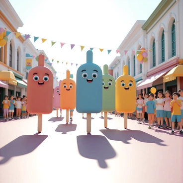 A colorful parade featuring giant popsicle mascots marching down a lively main street. The popsicle mascots are in various bright colors, including red, blue, green, and yellow, each with cheerful expressions and oversized features. The mascots are surrounded by excited spectators, including children and families, waving colorful flags and holding balloons. There are festive decorations lining the street, such as banners and streamers that add to the celebratory atmosphere. The sun is shining brightly, casting vivid shadows of the mascots on the pavement as they parade along.