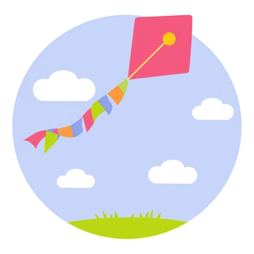 A kite with a bright red triangular shape is soaring high in the blue sky. The kite has a vibrant yellow sun design in the center. Its long, colorful tail made up of alternating strips of green, blue, and orange is fluttering energetically in the wind. Fluffy white clouds are scattered throughout the background, and a grassy field is visible below, enhancing the lively scene of the kite dancing gracefully through the air.