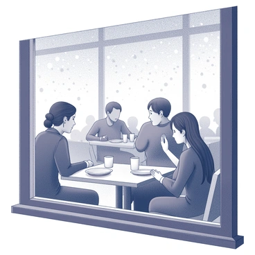 Raindrops are visible on the glass window of a cantine. The window shows a blurred view of patrons seated inside. Several people are engaged in conversation, while others are enjoying their meals. Tables are arranged neatly, with plates and cups placed in front of each patron. The overall atmosphere reflects a busy dining setting.