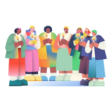 A diverse group of people stands together in a circle, each person holding a lit candle that emits a warm glow. The individuals vary in age, gender, and ethnicity, with some having dark skin, light skin, and everything in between. Their clothing is colorful and varied, reflecting different cultural backgrounds. The candles are all different heights, with flickering flames casting soft shadows on their faces. The atmosphere is one of unity and shared purpose, as their expressions convey a sense of hope and solidarity. In the center of the circle, the ground is visible, illuminated by the light of the candles.