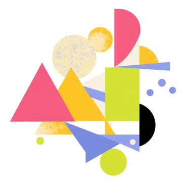 A composition featuring interlocking geometric patterns. The patterns consist of various shapes such as triangles, circles, and squares, arranged in a harmonious layout. The colors used are bold and contrasting, including vibrant hues of red, blue, yellow, and green. Each geometric shape is filled with different textures, adding depth to the composition. The overall image creates a dynamic visual rhythm, showcasing the interplay of colors and shapes.